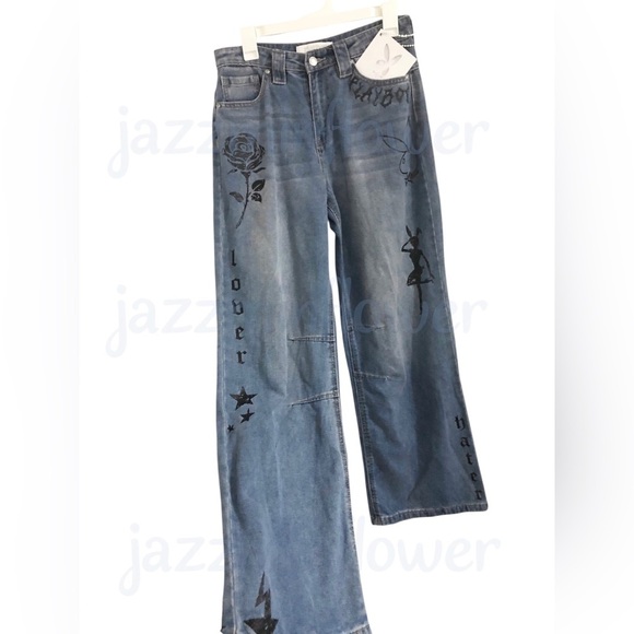 Playboy blue sinner lover‎ butterfly rose playboy bunny embroidered jeans size 7 - Picture 1 of 17